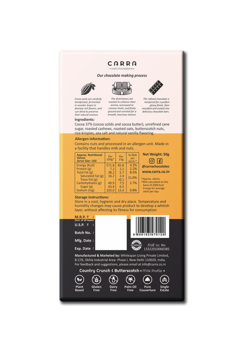 CARRA Country Crunch & Butterscotch in Plant Based Milk Chocolate 50G- Pack of 1