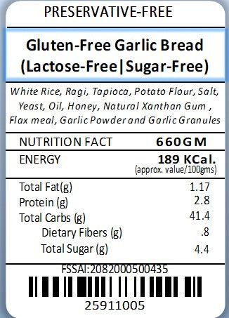 Bread Loaf -  Gluten Free,Sugar-Free   & Lactose Free- Garlic