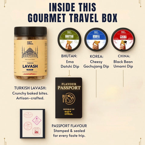 Global Flavors Premium Hamper- Bhutan, Korea, China Dip (200 gms each) with Lavash Chips (85 gms) & Passport