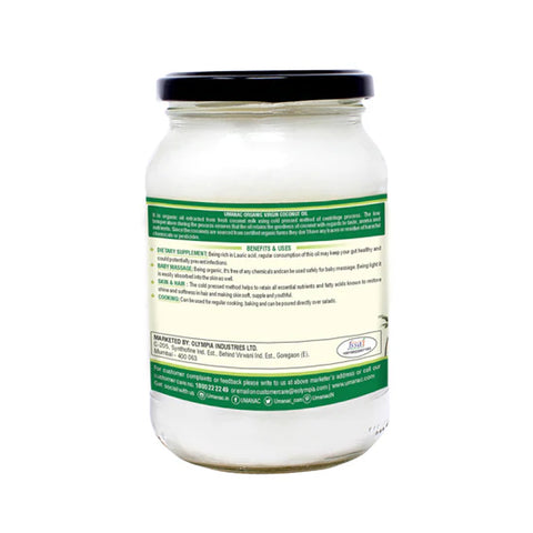 Umanac Organic Cold Processed Raw Extra Virgin Coconut Oil 500ml Glass Bottle LIV