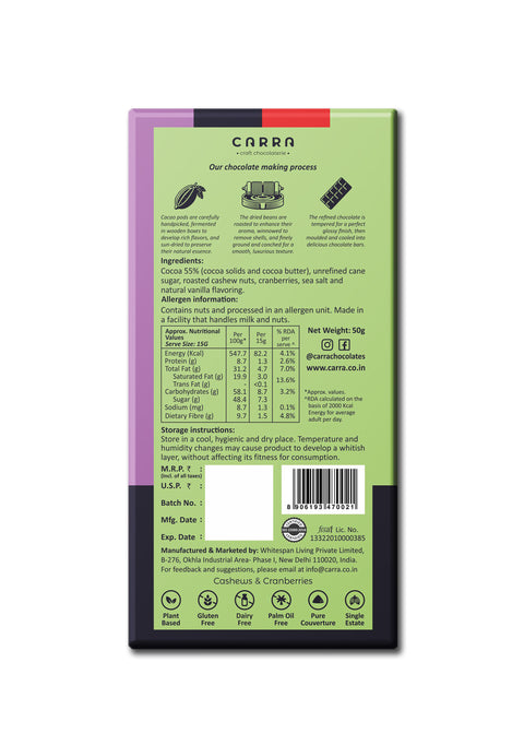 CARRA Cashews & Cranberries in 55% Dark Chocolate 50G - Pack of 1