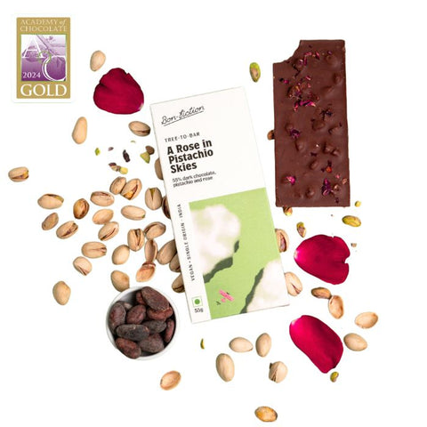 A Rose In Pistachio Skies - 55% Dark Rose Pistachio Chocolate Net Weight: 55gms
