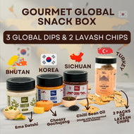 Global Box | 3 Dips (Ema Datshi, Gochujang & Sichuan, 100 gms each) + 2 Baked Lavash Chips (85 gms each)