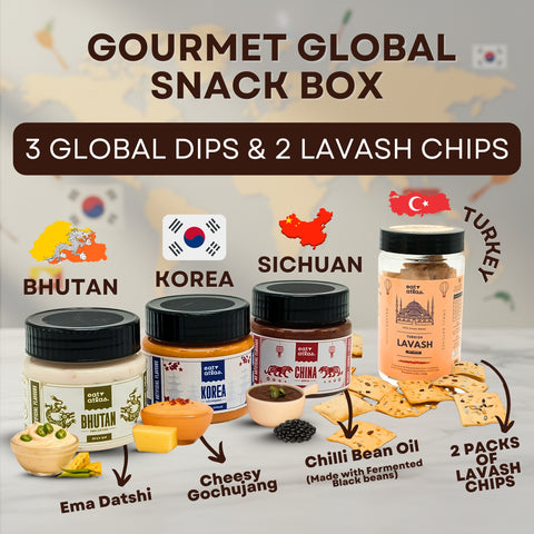 Eat Atlas Global Box | 3 Dips (Ema Datshi, Gochujang & Sichuan, 100 gms each) + 2 Baked Lavash Chips (85 gms each)