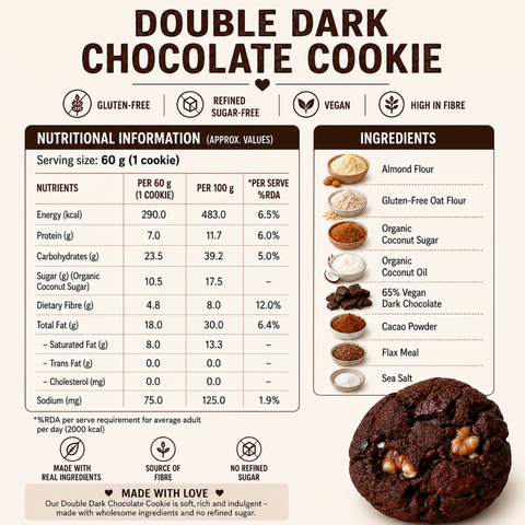 Double Dark Chocolate Cookie -  Vegan, Gluten Free, Refined Sugar free