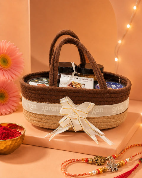 The Rakhi Bond Basket (Rope Basket with Rakhi - Korea, Bhutan, Sichuan Dip and 2 Lavash Chips)