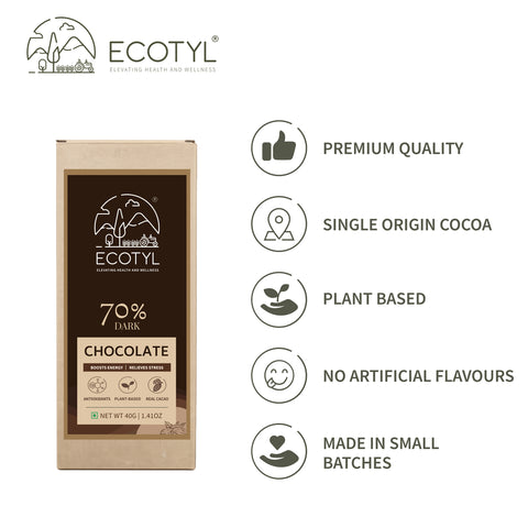 Ecotyl 70% Dark Chocolate | Rich Cacao | Premium Indulgence | 40g