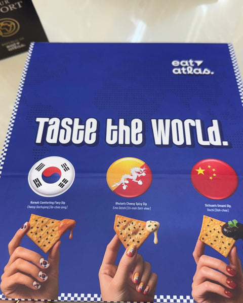 Global Flavors Premium Hamper- Bhutan, Korea, China Dip (200 gms each) with Lavash Chips (85 gms) & Passport