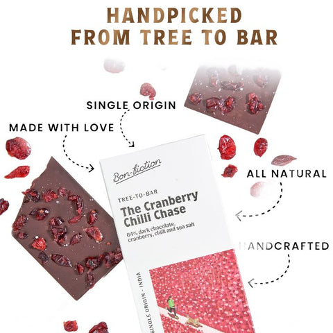 The Cranberry Chilli Chase - 64% Dark Cranberry Chilli Chocolate Net Weight: 55gms