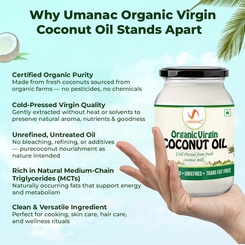 Umanac Organic Cold Processed Raw Extra Virgin Coconut Oil 500ml Glass Bottle LIV