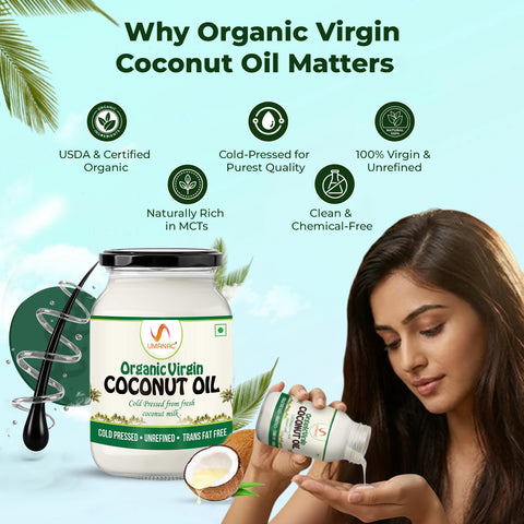 Umanac Organic Cold Processed Raw Extra Virgin Coconut Oil 500ml Glass Bottle LIV