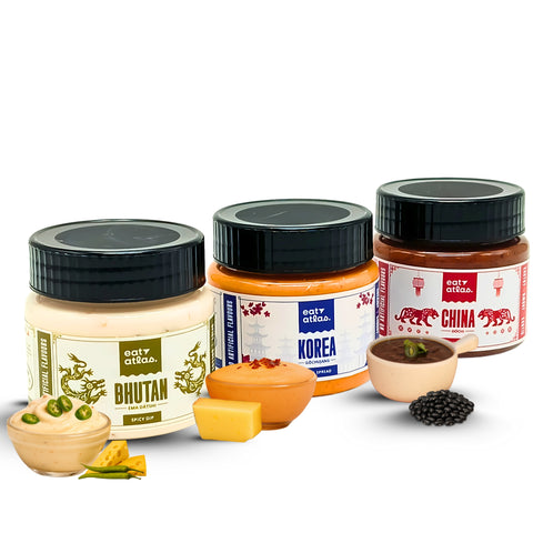Gourmet 3 Dips Combo – Ema Datshi (Bhutan), Gochujang (Korea), Dochi Black Bean (China) | Ready-to-Eat (Pack of 3) (100 gms each)