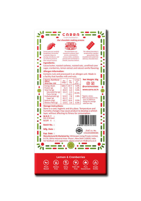 Lemon & Cranberries in Plant Based White Chocolate- Pack of 1