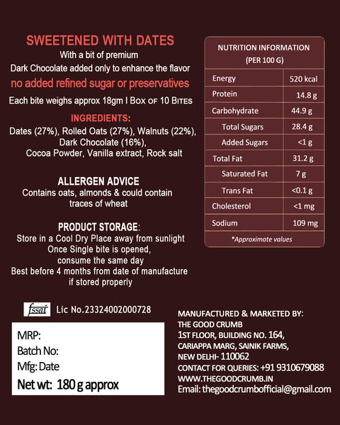 Cocoa Walnut Oat & Date Bites I Gluten-free I Box of 10 Bites I No Ghee or Oil I 14g Protein