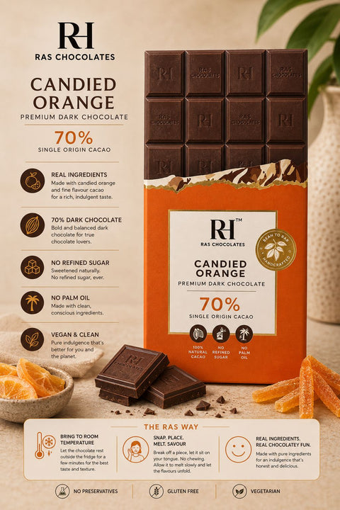RAS CHOCOLATES 70% Dark Candied Orange 80grams