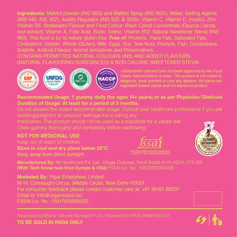Organic Soul Hair, Skin & Nails O Gummy – Biotin & Vitamins | Strawberry | 30 Gummies