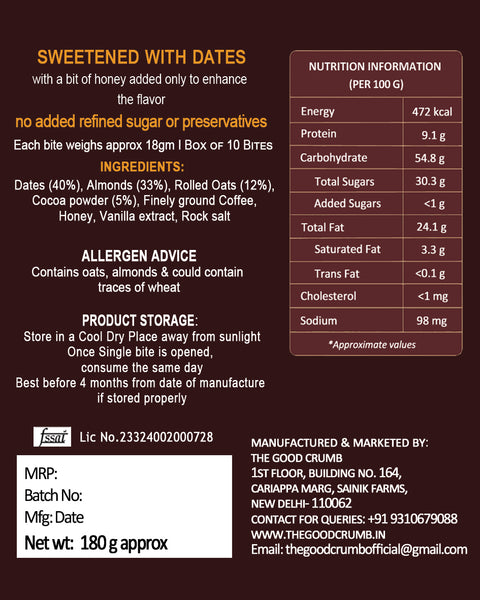 Mocha Almond Oat & Date Bites I Gluten-free I Box of 10 Bites I No Ghee or Oil I 9g Protein