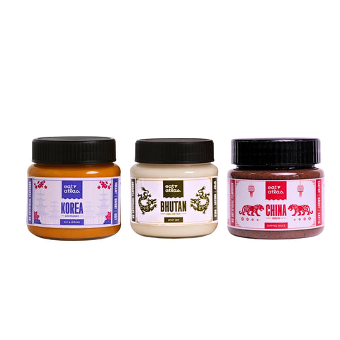Gourmet 3 Dips Combo – Ema Datshi (Bhutan), Gochujang (Korea), Dochi Black Bean (China) | Ready-to-Eat (Pack of 3) (100 gms each)