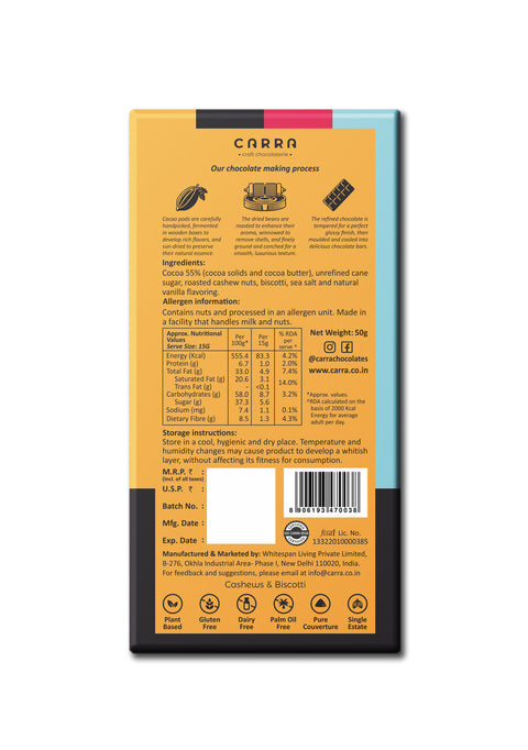 CARRA Cashews & Biscotti in 55% Dark Chocolate 50G - Pack of 1