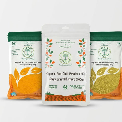 Vedic Kitchen  (Certified Organic) Spices Combo |Turmeric Powder/Red Chilli Powder/Coriander Powder|100 gm each
