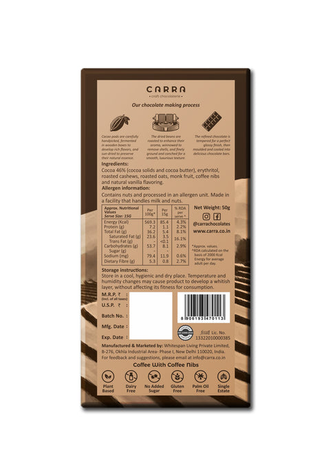 CARRA Coffee with coffee nibs - Sugar Free- Plant Based Milk Chocolate - Pack of 1