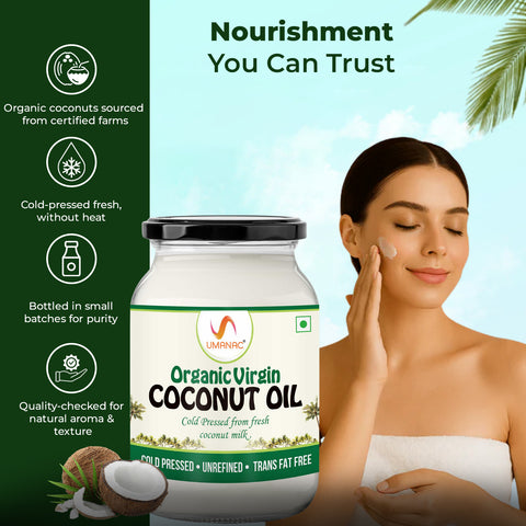 Umanac Organic Cold Processed Raw Extra Virgin Coconut Oil 500ml Glass Bottle LIV