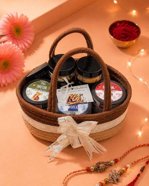 The Rakhi Bond Basket (Rope Basket with Rakhi - Korea, Bhutan, Sichuan Dip and 2 Lavash Chips)