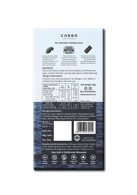 CARRA Sea Salt & California Almonds in 55% Dark Chocolate 50G- Pack of 1