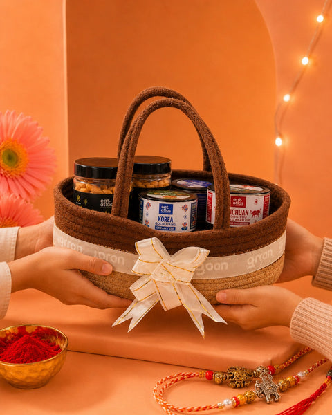 The Rakhi Bond Basket (Rope Basket with Rakhi - Korea, Bhutan, Sichuan Dip and 2 Lavash Chips)