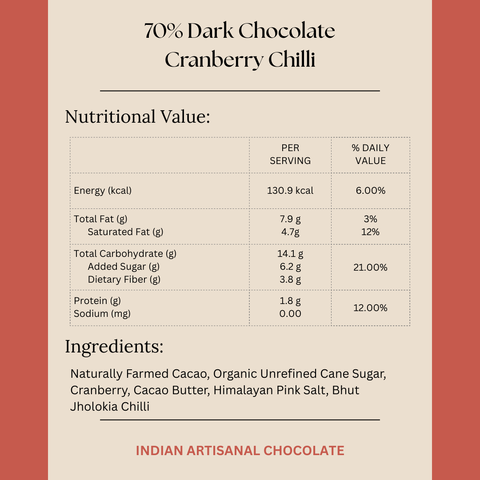 70 % Artisanal Dark Chocolate with Cranberry & Bhut Jholokia Chilli