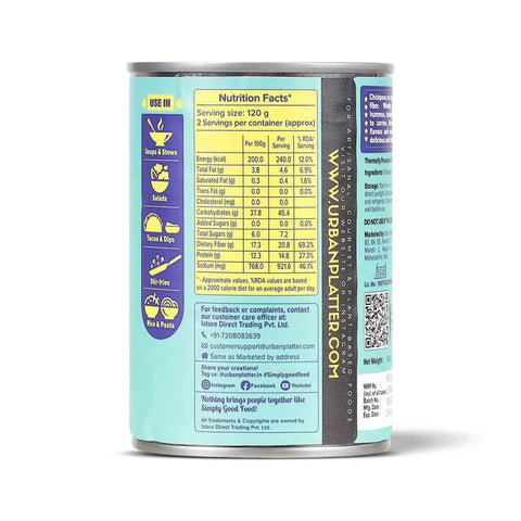 Urban Platter Ready To Use Chickpeas in Brine, 400g (Canned, Drained Weight 240g)
