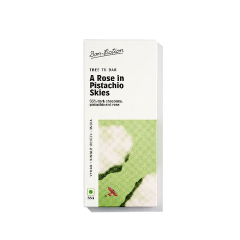 A Rose In Pistachio Skies - 55% Dark Rose Pistachio Chocolate Net Weight: 55gms