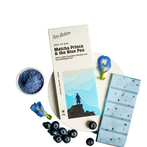 Matcha Prince and The Blue Pea - White chocolate with Blue pea tea and Blueberies Net Weight: 55gms