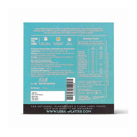 Urban Platter Round Rice Paper Sheets, 400g (Vietnamese Spring Roll Wrappers, Gluten-free,  80-85 Sheets per pack)